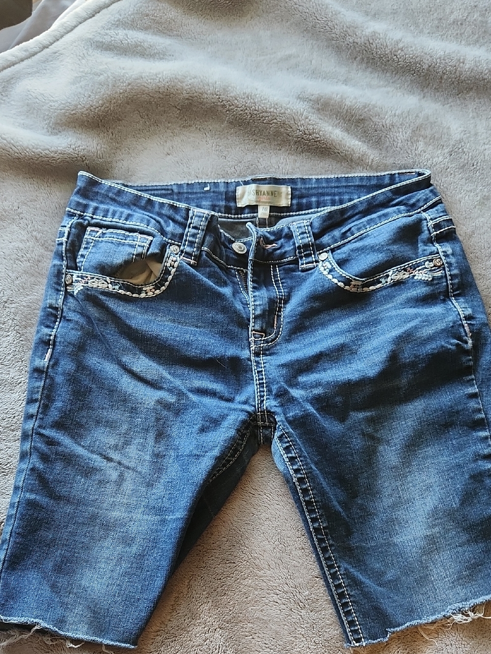 Shyanne Dark Blue Cropped Denim Shorts with Embroidered Pockets